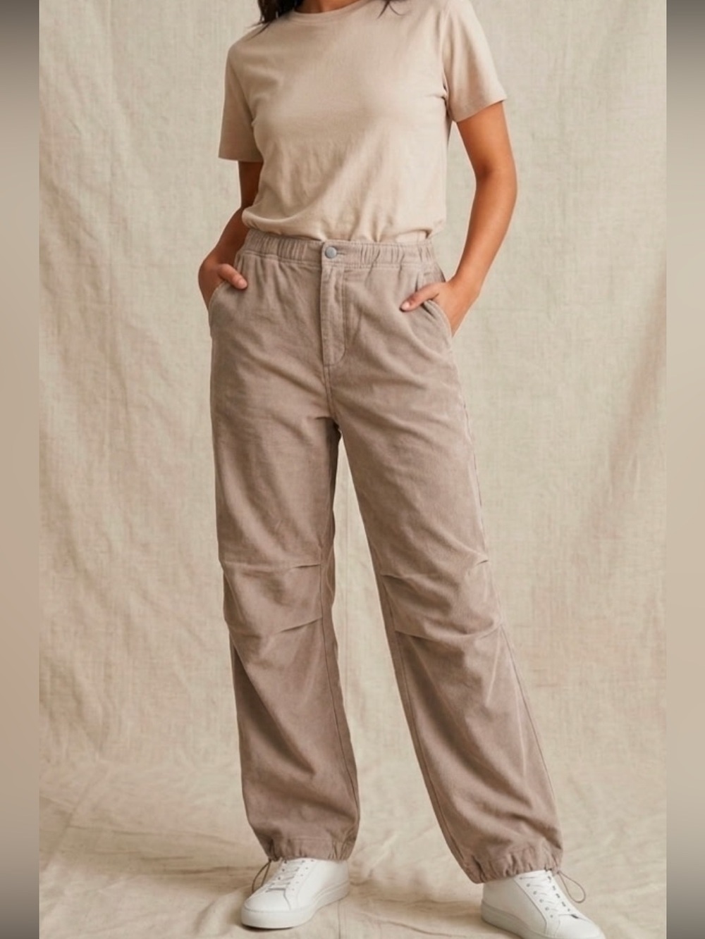 Aeropostale Wide Leg Corduroy Drawstring Hem Pants in Light Taupe